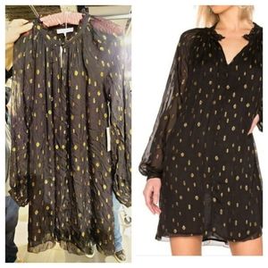 NEW Frame smocked shoulder long sleeve gold metallic dot Party dress Size MEDIUM